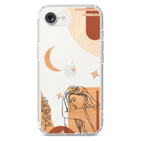 Modern Moon Line Art Collage Clear Phone Case shown on iPhone 17e