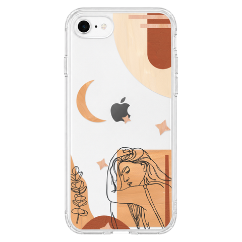 Modern Moon Line Art Collage Clear Phone Case shown on iPhone SE [2020/2022]