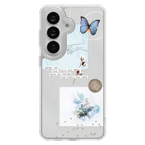 Pale Blue Butterfly Scraps Clear Phone Case shown on Galaxy S26 Plus