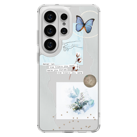 Pale Blue Butterfly Scraps Clear Phone Case shown on Galaxy S26 Ultra