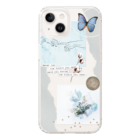 Pale Blue Butterfly Scraps Clear Phone Case shown on iPhone 13