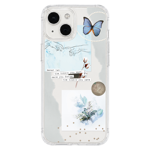 Pale Blue Butterfly Scraps Clear Phone Case shown on iPhone 13 Mini