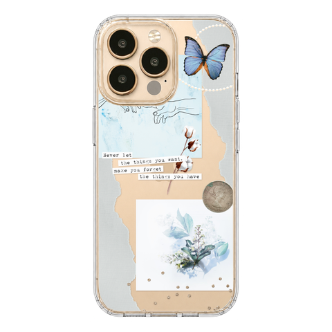 Pale Blue Butterfly Scraps Clear Phone Case shown on iPhone 13 Pro