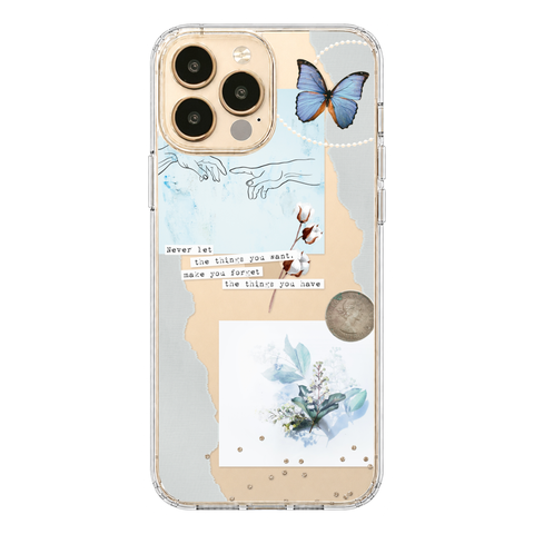 Pale Blue Butterfly Scraps Clear Phone Case shown on iPhone 13 Pro Max
