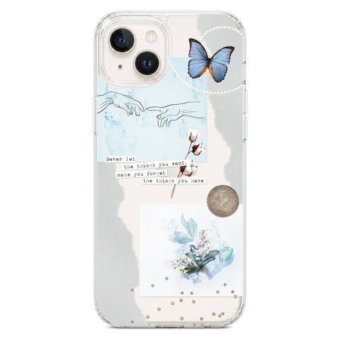 Pale Blue Butterfly Scraps Clear Phone Case shown on iPhone 14 Plus