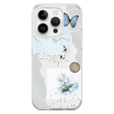 Pale Blue Butterfly Scraps Clear Phone Case shown on iPhone 14 Pro