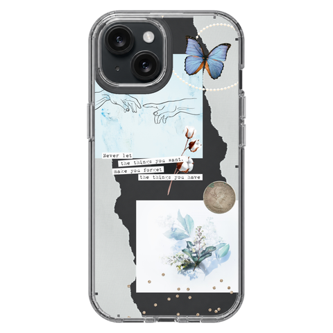 Pale Blue Butterfly Scraps Clear Phone Case shown on iPhone 15