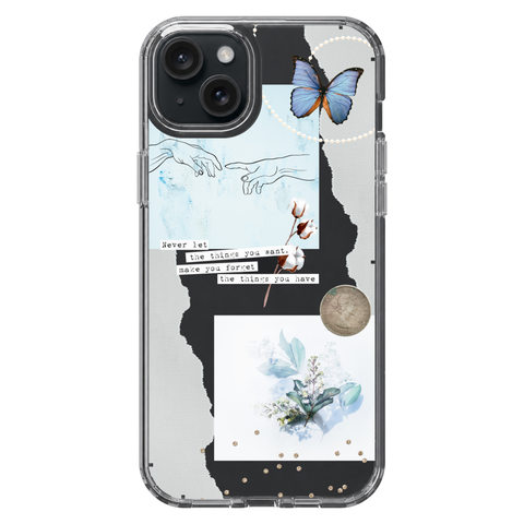 Pale Blue Butterfly Scraps Clear Phone Case shown on iPhone 15 Plus