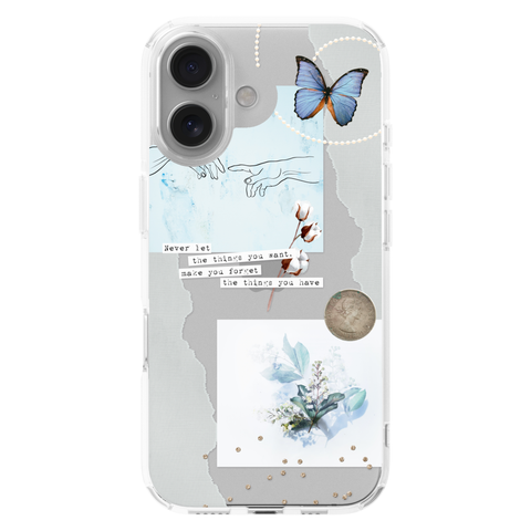 Pale Blue Butterfly Scraps Clear Phone Case shown on iPhone 16