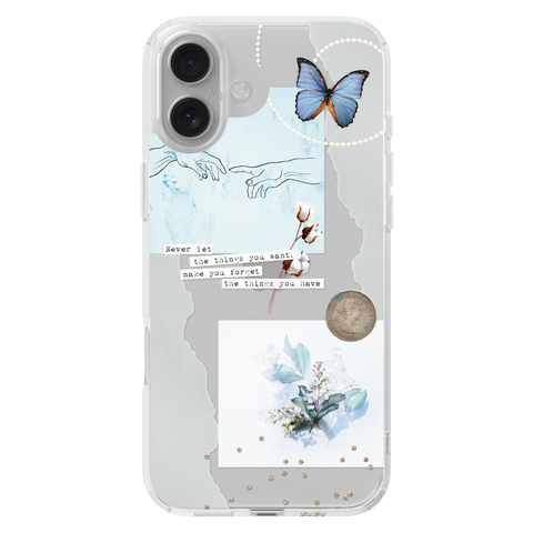 Pale Blue Butterfly Scraps Clear Phone Case shown on iPhone 16 Plus