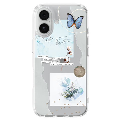 Pale Blue Butterfly Scraps Clear Phone Case shown on iPhone 17