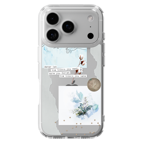 Pale Blue Butterfly Scraps Clear Phone Case shown on iPhone 17 Pro