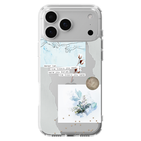 Pale Blue Butterfly Scraps Clear Phone Case shown on iPhone 17 Pro Max