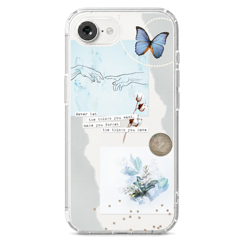 Pale Blue Butterfly Scraps Clear Phone Case shown on iPhone 17e