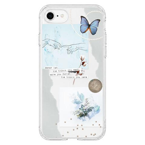 Pale Blue Butterfly Scraps Clear Phone Case shown on iPhone 7/8