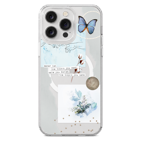 Pale Blue Butterfly Scraps Clear Phone Case on iPhone 14 Pro Max Clear MagSafe case