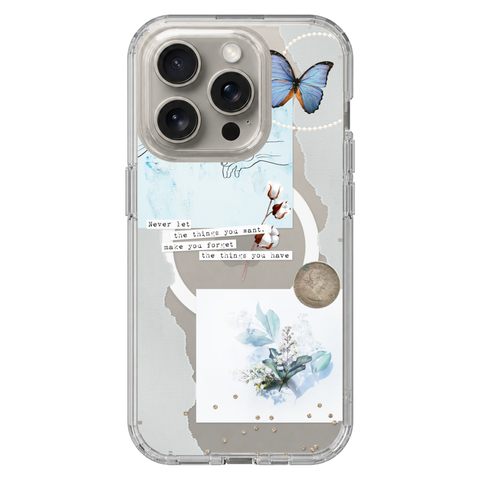 Pale Blue Butterfly Scraps Clear Phone Case on iPhone 15 Pro Clear MagSafe case