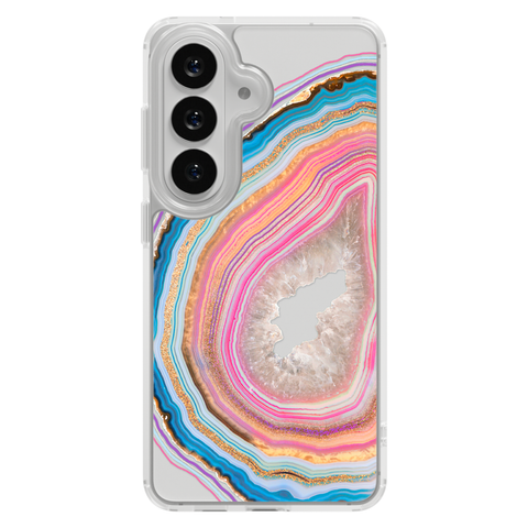 Pastel Geode Clear Phone Case shown on Galaxy S25