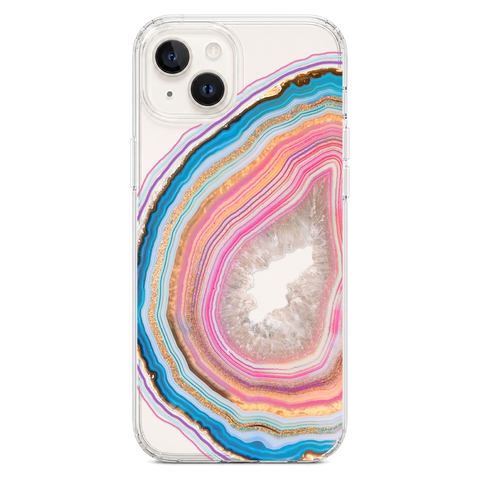 Pastel Geode Clear Phone Case shown on iPhone 14 Plus
