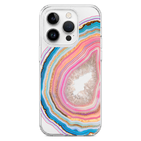 Pastel Geode Clear Phone Case shown on iPhone 14 Pro