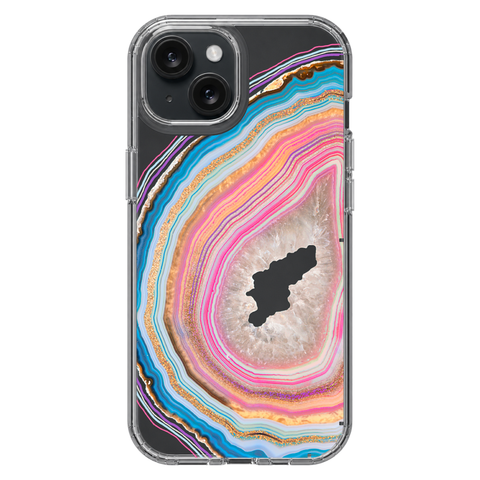 Pastel Geode Clear Phone Case shown on iPhone 15