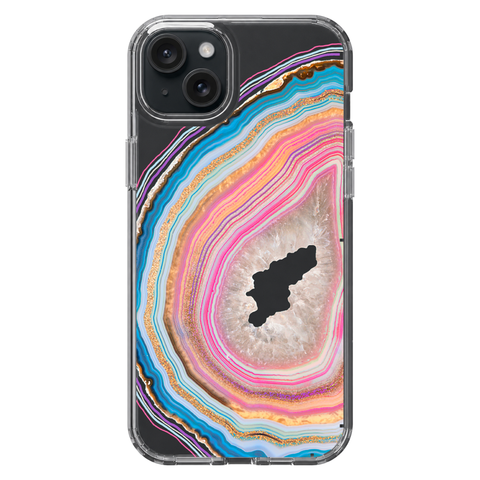 Pastel Geode Clear Phone Case shown on iPhone 15 Plus