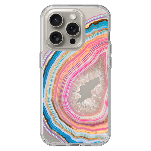Pastel Geode Clear Phone Case shown on iPhone 15 Pro