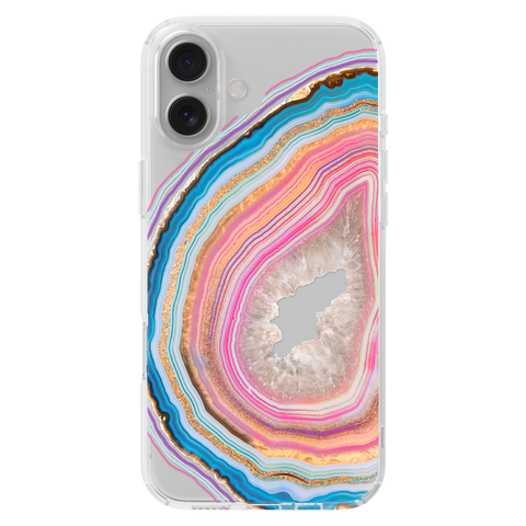 Pastel Geode Clear Phone Case shown on iPhone 16 Plus