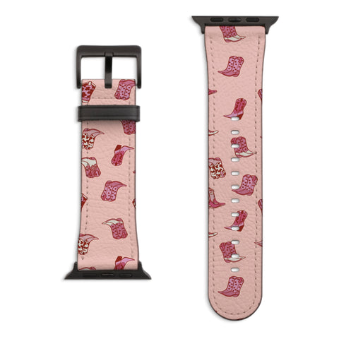 Pink Cowgirl Boots Apple Watch Band with Matte Black hardware