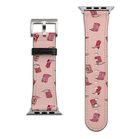 Pink Cowgirl Boots Apple Watch Band with Matte Silver hardware