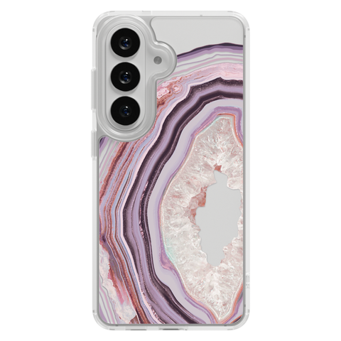 Pink Lilac Agate Geode Slice Clear Phone Case shown on Galaxy S25 Plus