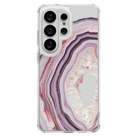 Pink Lilac Agate Geode Slice Clear Phone Case shown on Galaxy S25 Ultra