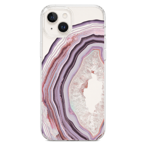 Pink Lilac Agate Geode Slice Clear Phone Case shown on iPhone 14 Plus