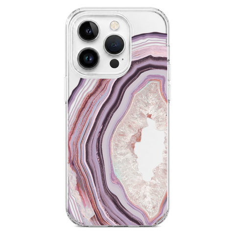 Pink Lilac Agate Geode Slice Clear Phone Case shown on iPhone 14 Pro