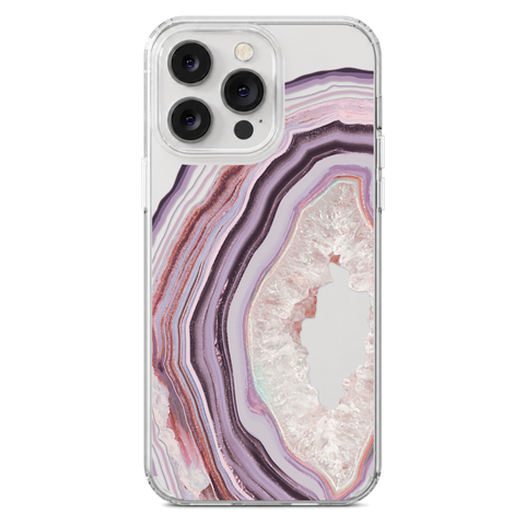 Pink Lilac Agate Geode Slice Clear Phone Case shown on iPhone 14 Pro Max