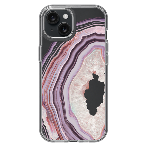 Pink Lilac Agate Geode Slice Clear Phone Case shown on iPhone 15