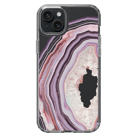 Pink Lilac Agate Geode Slice Clear Phone Case shown on iPhone 15 Plus