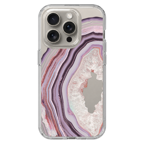 Pink Lilac Agate Geode Slice Clear Phone Case shown on iPhone 15 Pro