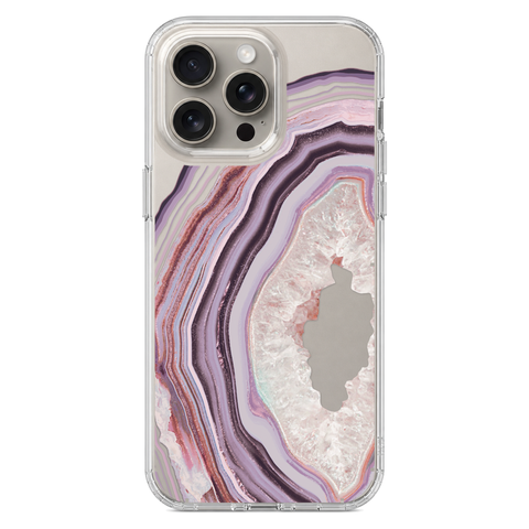 Pink Lilac Agate Geode Slice Clear Phone Case shown on iPhone 15 Pro Max