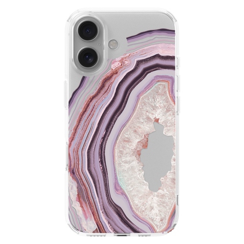 Pink Lilac Agate Geode Slice Clear Phone Case shown on iPhone 16