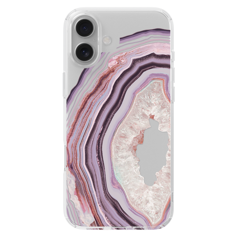 Pink Lilac Agate Geode Slice Clear Phone Case shown on iPhone 16 Plus
