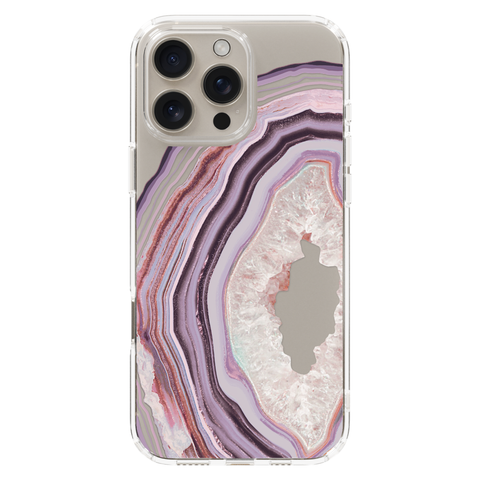 Pink Lilac Agate Geode Slice Clear Phone Case shown on iPhone 16 Pro Max