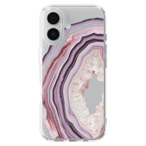 Pink Lilac Agate Geode Slice Clear Phone Case shown on iPhone 17