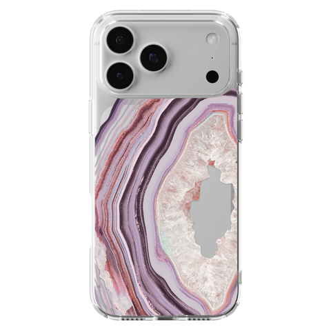 Pink Lilac Agate Geode Slice Clear Phone Case shown on iPhone 17 Pro Max