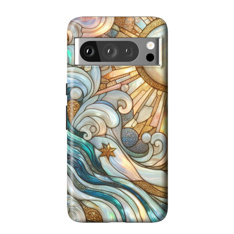Waves & Sun Rays Stained Glass Illusion Print Tough Phone Case for Pixel 8 Pro