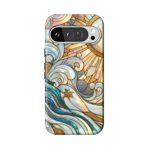 Waves & Sun Rays Stained Glass Illusion Print Tough Phone Case for Pixel 9 Pro