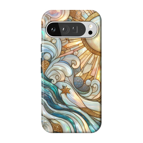 Waves & Sun Rays Stained Glass Illusion Print Tough Phone Case for Pixel 9 Pro XL