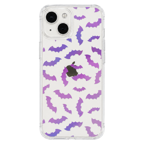 Purple Bats Clear Phone Case shown on iPhone 13 Mini