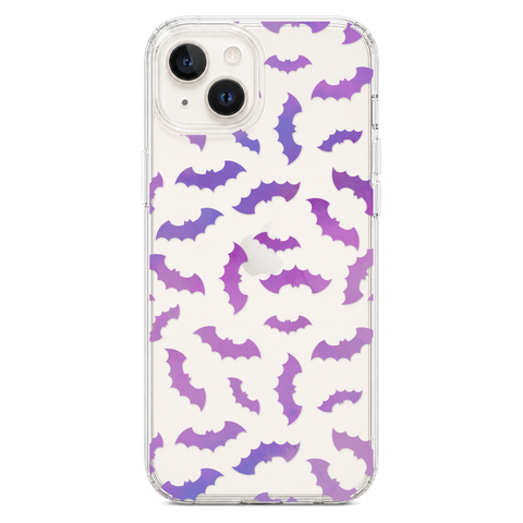Purple Bats Clear Phone Case shown on iPhone 14 Plus