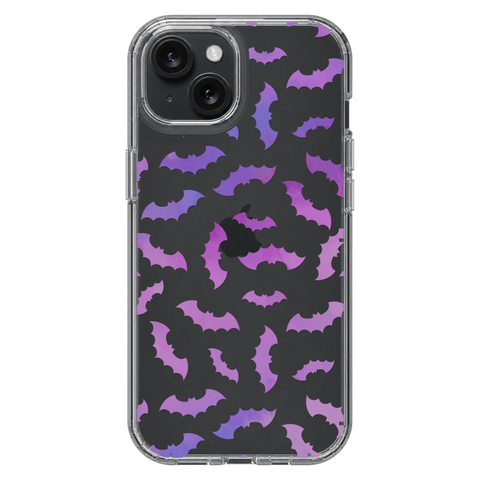 Purple Bats Clear Phone Case shown on iPhone 15